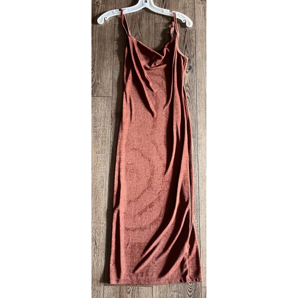 Forever 21 Womens Copper Rust Metallic Cowl Neck Midi Dress Small